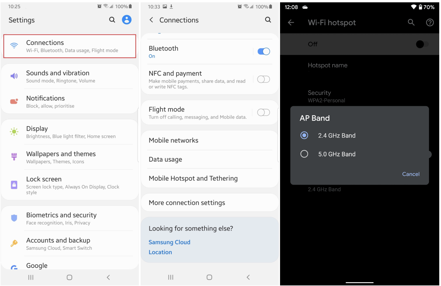 On your Android phone, tap on Wi-Fi hotspot; then select 2.4 GHz Band